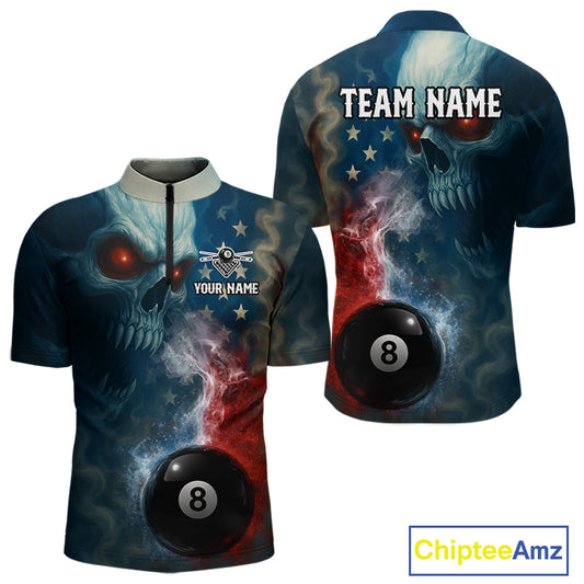 US Flag Smoke 8 Ball Men Billiard Polo & 1/4-Zip Shirt Custom Skull Pool Billiard Team Apparel NYN2383