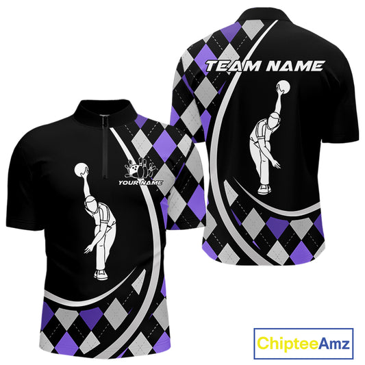 Purple Argyle Pattern Bowling Jersey for Men Custom Polo & 1/4-Zip Bowling Team Shirt Bowling Gift QZT725