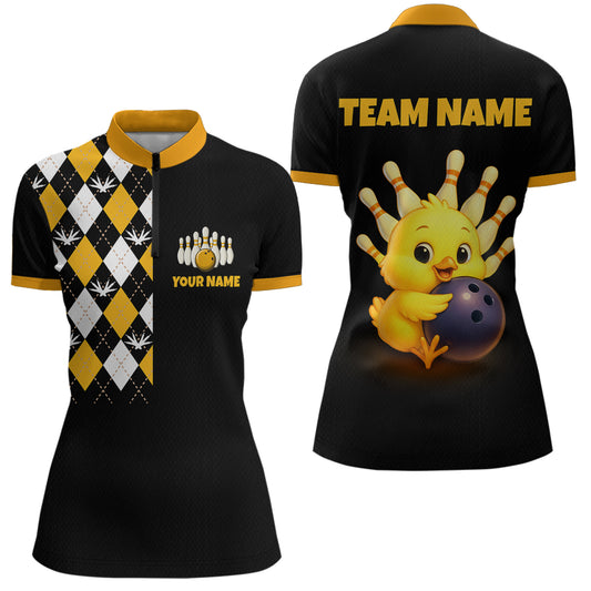 Black bowling shirt with yellow and white design on front, and cartoon chick holding a bowling ball on back