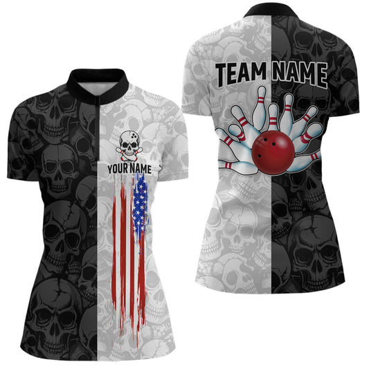 American Flag Bowling Team Shirt Polo 1/4-Zip Patriotic Bowling Jersey for Women Halloween Gift QZT729