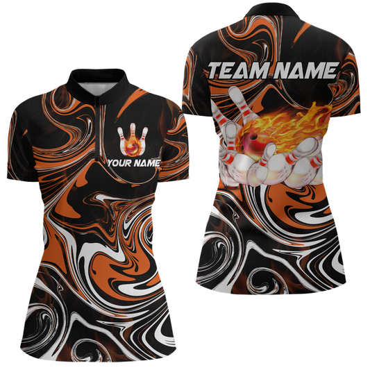 Custom Flame Bowling Shirt Orange Quarter Zip Bowling Shirt Unisex Bowling Outfits QZT602