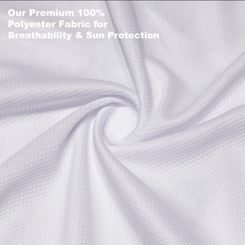 Close-up of white fabric with text about premium 100% polyester fabric for breathability and sun protection.