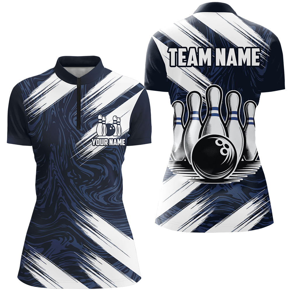 Navy&White Bowling Shirt For Men & Women Custom Bowling Team Jersey 1/4 Zip Bowling Shirt Unisex BDT580