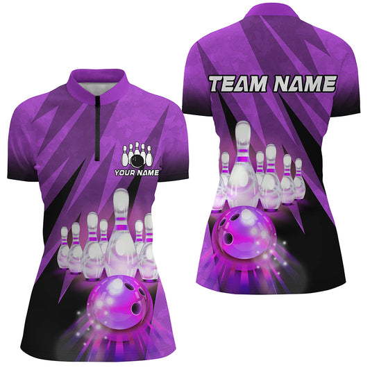 Custom Purple Bowling Shirt For Couple 1/4 Zip Bowling Team Jersey Men Women Bowler Gift BDT501