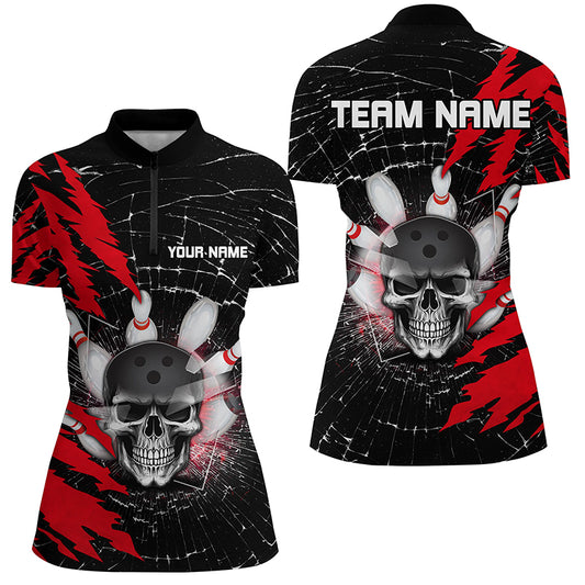 Skull Bowling Quarter-Zip Shirt For Men & Women Custom Halloween Bowling Team Jersey Red BDT538