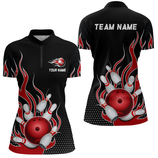 Red Flame Bowling Quarter Zip Shirts for Men And Women Custom Bowling Team Jerseys Unisex BDT477