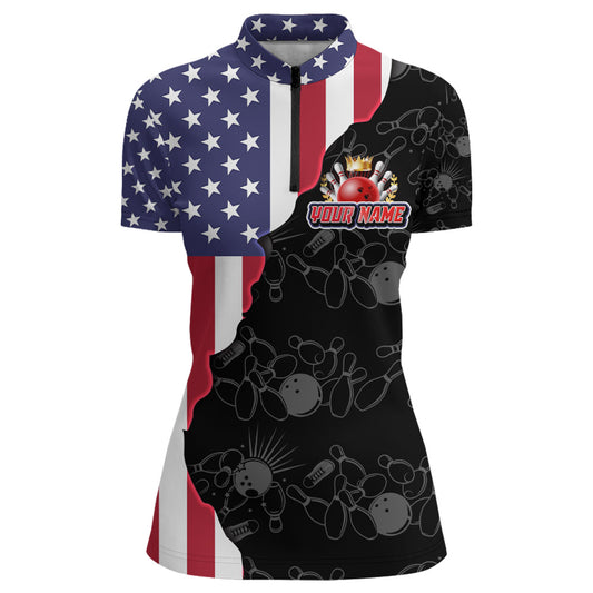 American Bowling Shirt For Women Patriotic Bowling Jersey Team League Bowling Quarter-Zip Shirt BDT313