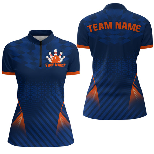 Navy&Orange Bowling Jersey Men & Women Custom Bowling 1/4 Zip Shirt Team League BDT526