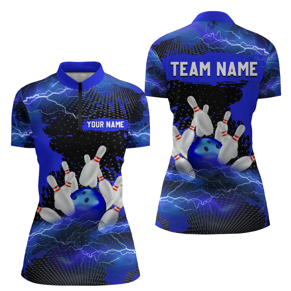 Custom Blue Bowling Quarter-Zip Shirts Men & Women Lightning Thunder Bowling Team Jerseys BDT455