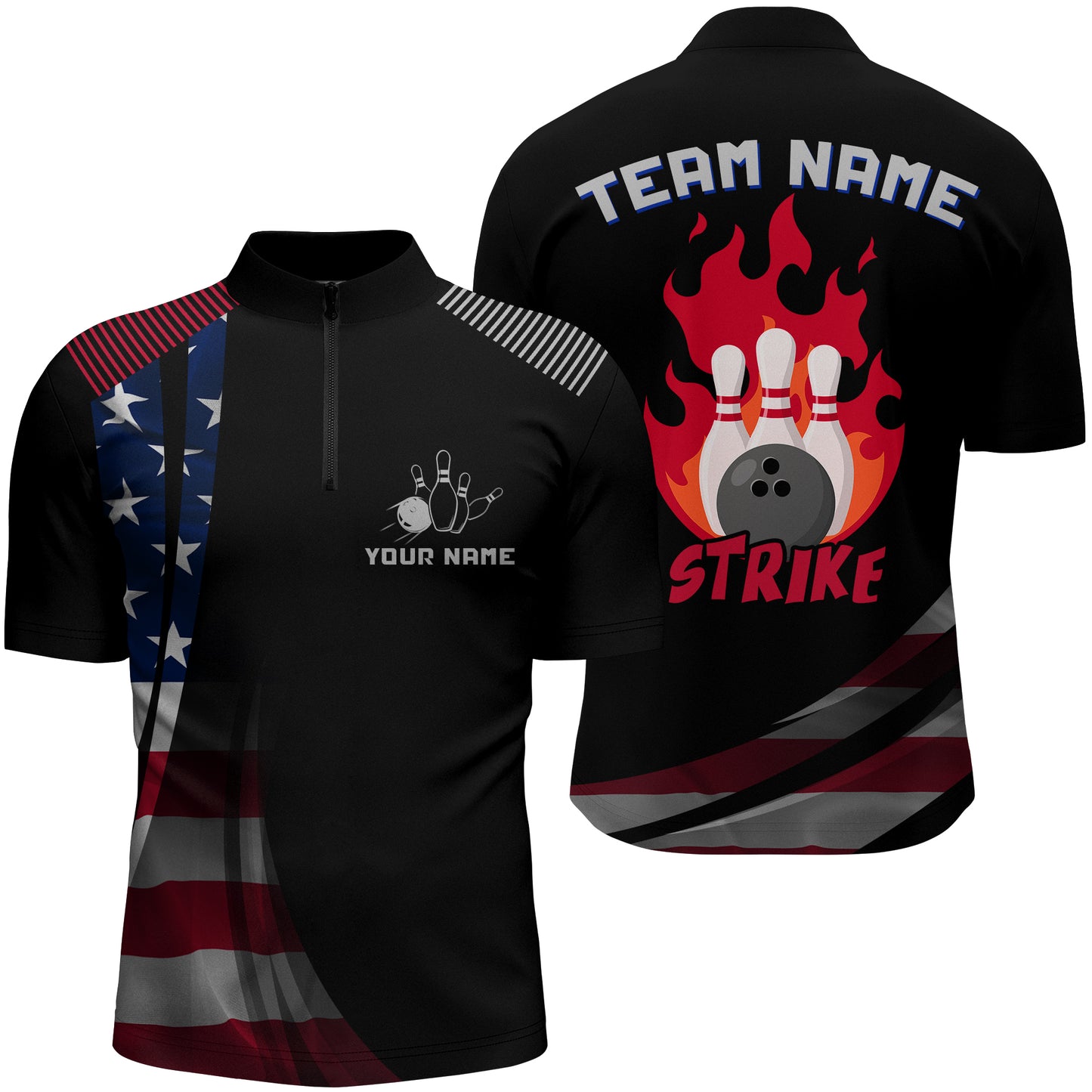 Custom Bowling Quarter-Zip Shirt Men Bowling Team Jersey American Flag Bowling Shirt BDT380