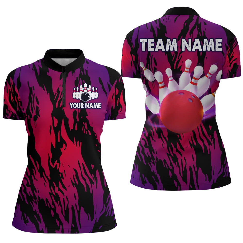 Red&Purple Camo Bowling Shirt Unisex Bowling Team Jersey Men & Women Custom Bowling 1/4 Zip BDT558