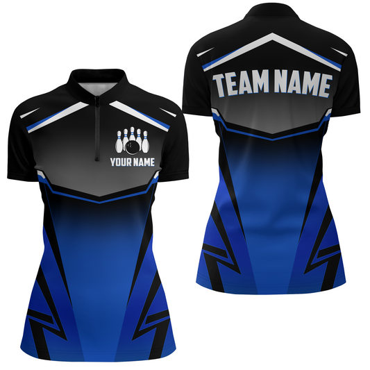 Custom Bowling Shirts Men & Women Blue Bowling Team Jersey Unisex 1/4 Zip Bowling Uniform BDT530