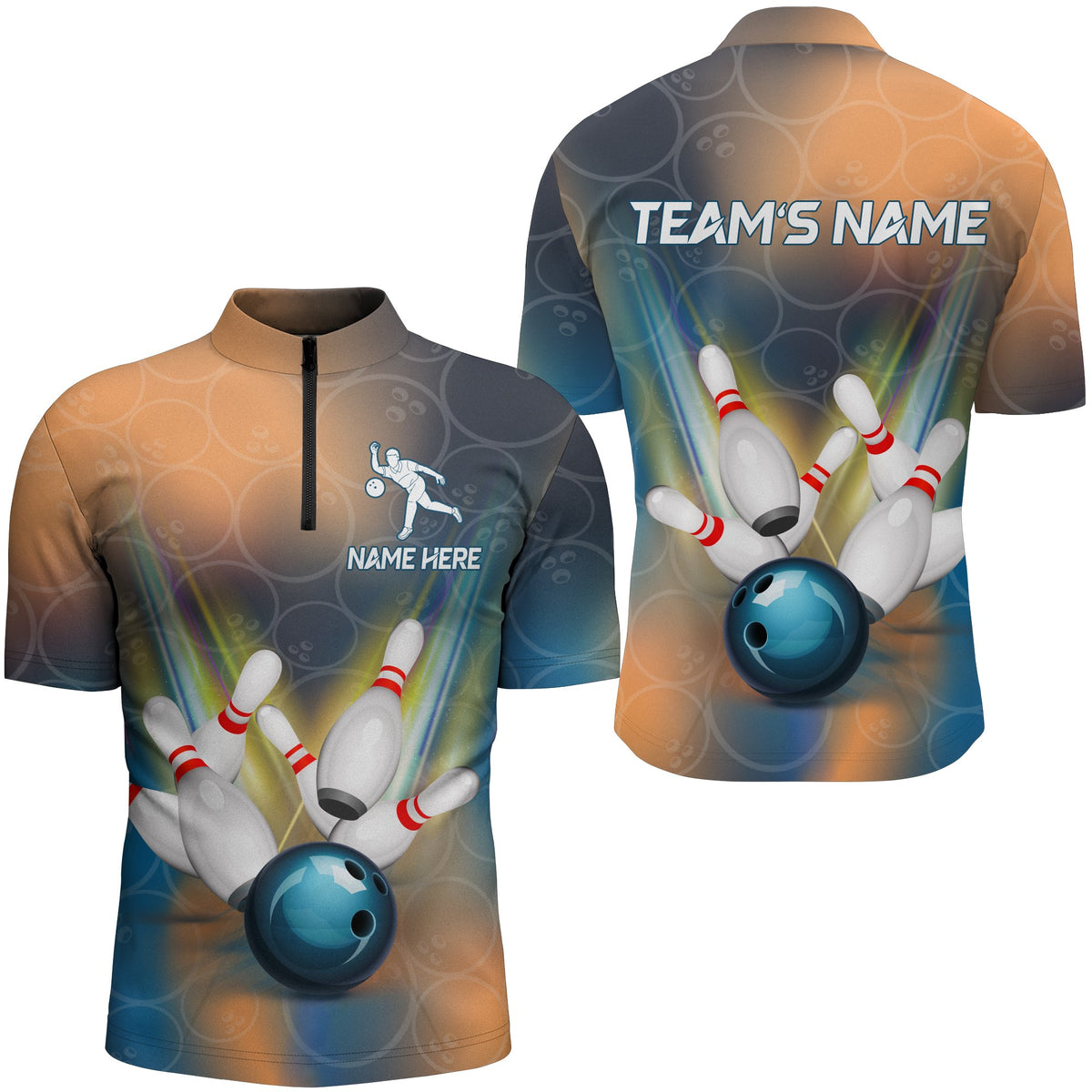 Personalized 3d Men's Bowling Quarter Zip Shirts Custom Black