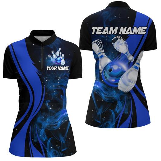Blue Bowling Shirt Personalized Men & Women Bowling Team Jersey Bowling 1/4 Zip Shirts BDT570