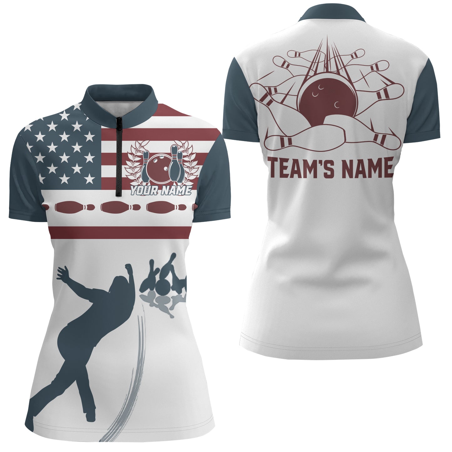 Personalized Bowling Quarter-Zip Shirt Navy Bowling Jersey Team Bowling Shirt For Women BDT275
