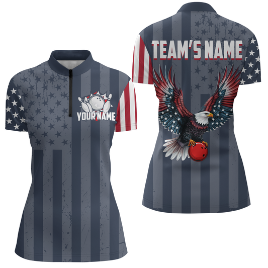 Eagle Navy Bowling Shirt For Men & Women Custom Patriotic Bowling Team Jersey Quarter-Zip BDT540