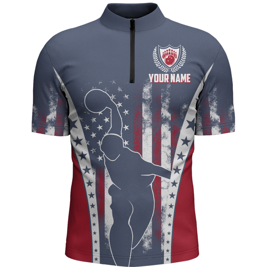 American Bowling Jersey For Men Custom Navy Bowling Shirt Team Bowling Quarter-Zip Shirt BDT316