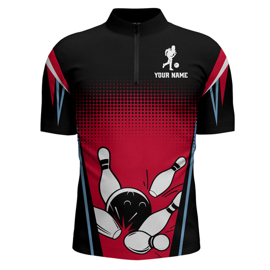 Custom Bowling Quarter-Zip Shirt Black&Red Bowling Jersey For Men Custom Bowling Team Shirts BDT256