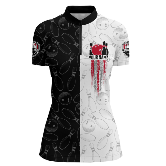 American Bowling Shirts Women Black&White Bowling Team Jersey Custom Bowling Quarter-Zip Shirt BDT359