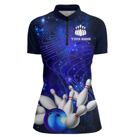 Blue Bowling Jersey For Women Custom Bowling Shirt 3D Bowling Quarter-Zip Shirt For Team BDT250