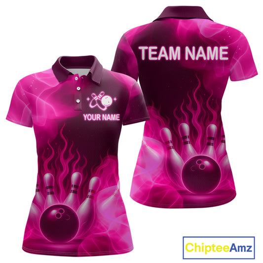 Pink Flaming Bowling Shirts for Women Men Custom Team Bowling Polo & Quarter Zip MBL140