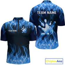 Load image into Gallery viewer, Custom Blue Flame Bowling Jersey for Men Bowling Uniform Polo & 1/4 Zip Bowling Team Shirts HNT106