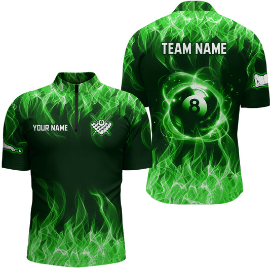 Green Flaming 8 Ball Pool Shirts Men Billiard Polo & 1/4 Zip Shirts Billiard Team Jerseys NNT10
