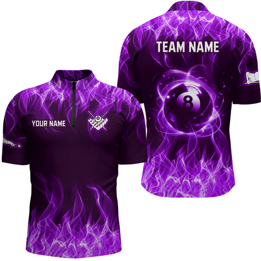 Purple Flaming 8 Ball Pool Shirts Men Billiard Polo & 1/4 Zip Shirts Billiard Team Jerseys NNT10