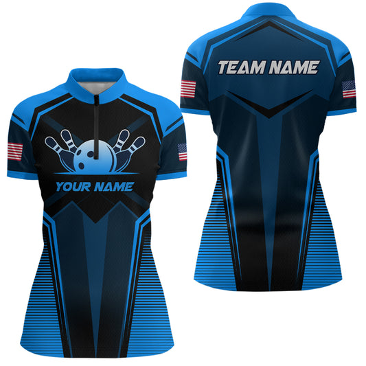 Custom Blue Bowling Jersey for Women Bowling Team Shirts Bowling Uniform Polo & 1/4 Zip HNT158