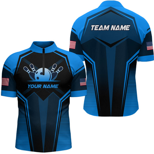 Custom Blue Bowling Jersey for Men Bowling Team Shirts Bowling Uniform Polo & 1/4 Zip HNT158