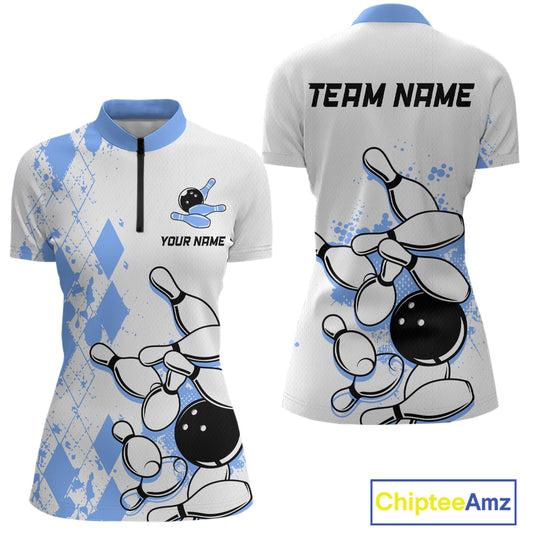 Blue Vintage Bowling Custom Women Bowling Shirt Polo & Quarter-Zip Bowling Team Jerseys HNT68