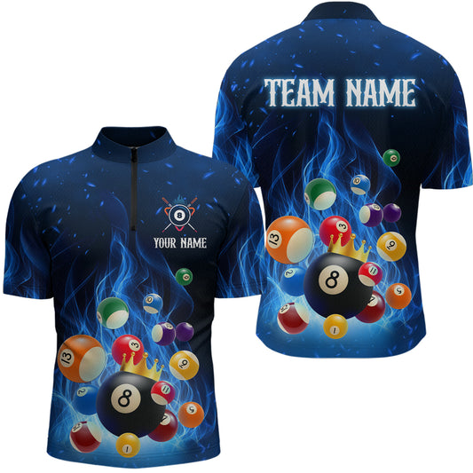 Blue Flaming Billiards Shirt 8 Ball Billiards Shirt Men Polo Shirts & 1/4 Zip NNT09