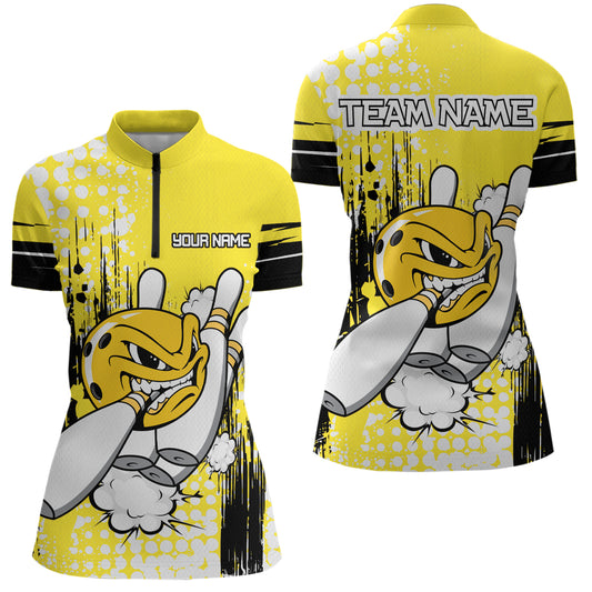 Personalized Yellow Funny Crazy Bowling Shirt for Women Polo & Quarter-Zip Bowling Jersey with Team HNT03