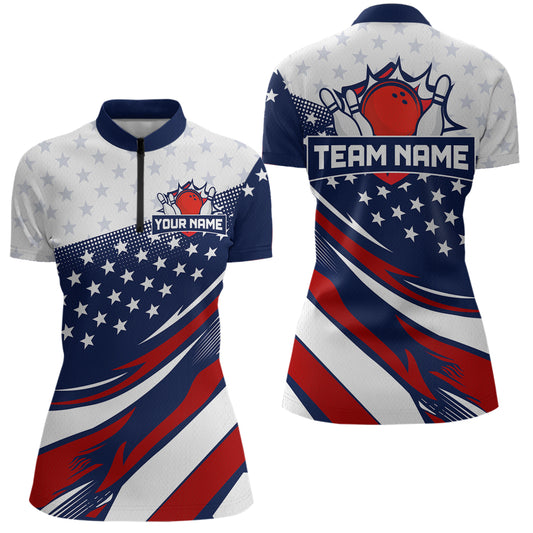 American Flag Bowling Custom Women Bowling Shirt Polo & Quarter-Zip Bowling Team Jerseys HNT50