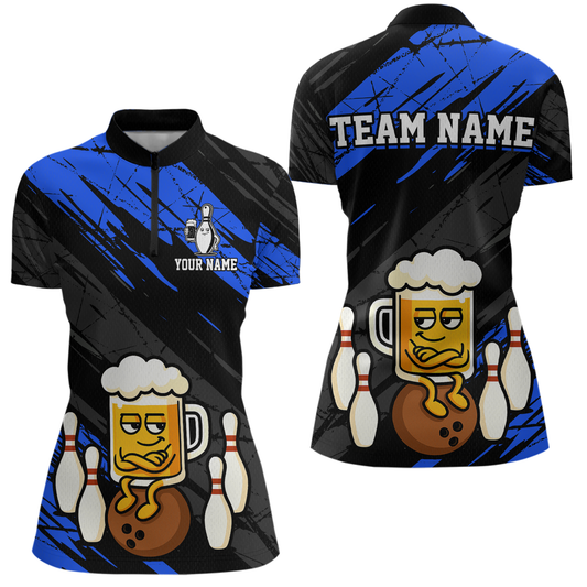 Custom Blue Funny Beer Bowling Jersey for Women Bowling Uniform Polo & 1/4 Zip Bowling Team Shirts HNT107