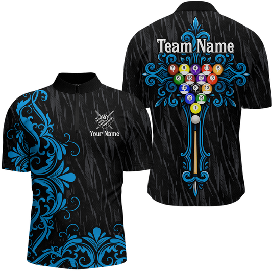 Custom Blue Baroque Pattern Ball Pool Billiard Shirts for Men Team Polo & 1/4 Zip Shirts NNT60