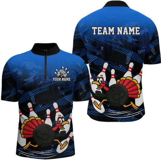 Custom Blue Funny Turkey Bowling Jersey for Men Thanksgiving Bowling Team Shirts Polo & 1/4 Zip HNT125
