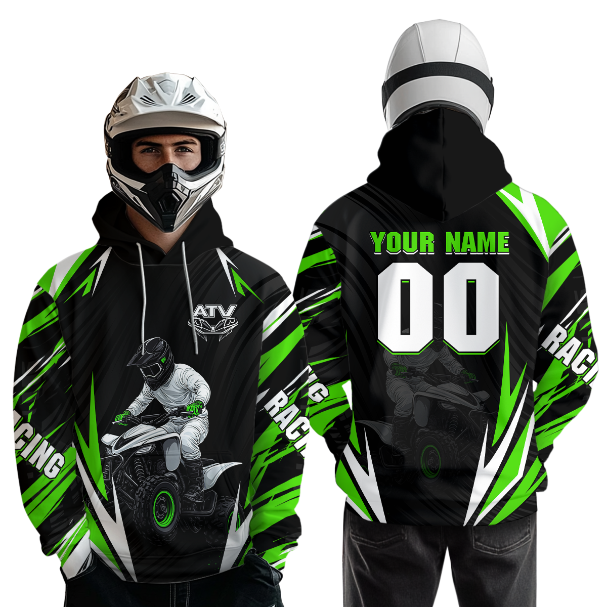 Green Atv Motocross Hoodie Adult Youth Kid Upf30+ Custom Quad Bike Shirt Boys Girls Extreme Off-Road Racing Hooded NHN011