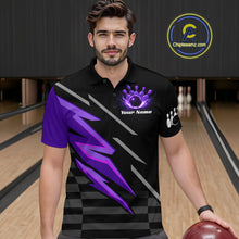 Load image into Gallery viewer, Black and Purple Lightning Bowling Polo, Quarter Zip Shirt for Men Custom Bowling Team League Jersey NQS10907