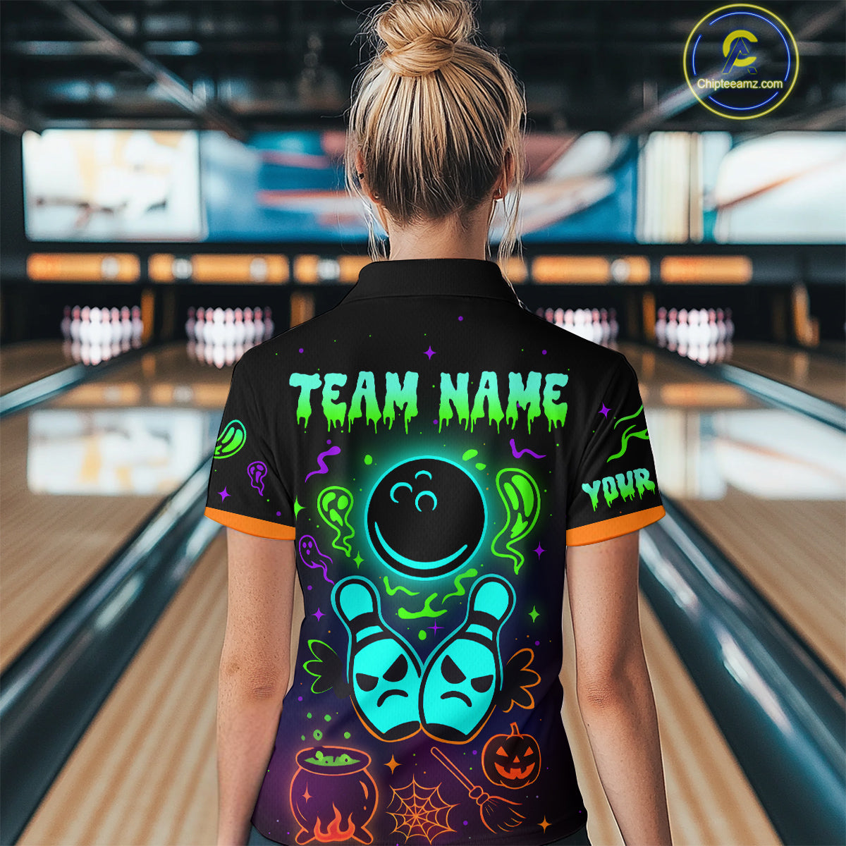 Custom Neon Bowling Team Shirt Halloween Polo & Quarter-Zip Bowling Jersey for Women QZT731