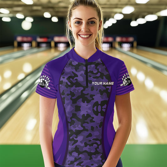 Camo Bowling Jersey For Women Bowling Team Shirt Custom Bowling Quarter-Zip Shirt BDT327