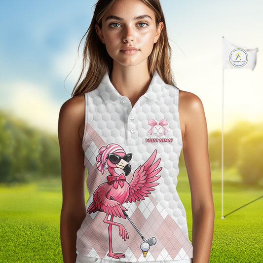 Pink Flamingo Golf Shirt For Women Sleeveless, Funny Argyle Patten Golf Polo Shirt, Ladies Golf Outfit For Team NHT731