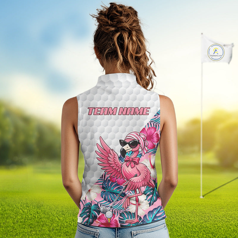 Pink Flamingo Golf Shirt For Women Sleeveless, Funny Tropical Patten Golf Polo Shirt, Ladies Golf Outfit For Team NHT730