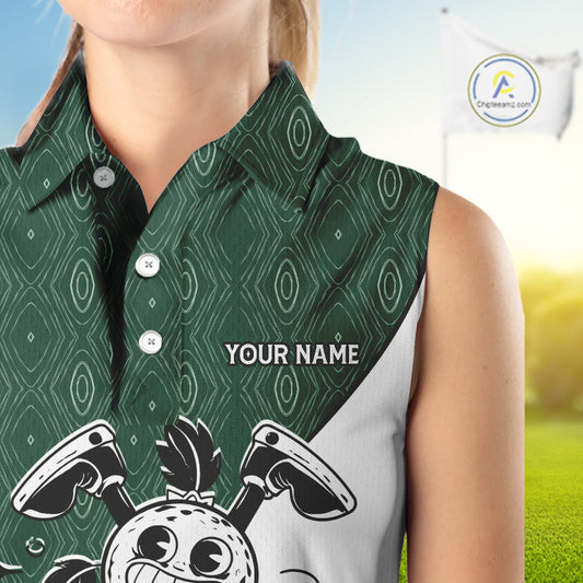 Green White Funny Golf Ball Pattern Sleeveless Womens Golf Polo Shirts Custom Golf Outfits Ladies, Green Golf Tops NHT784