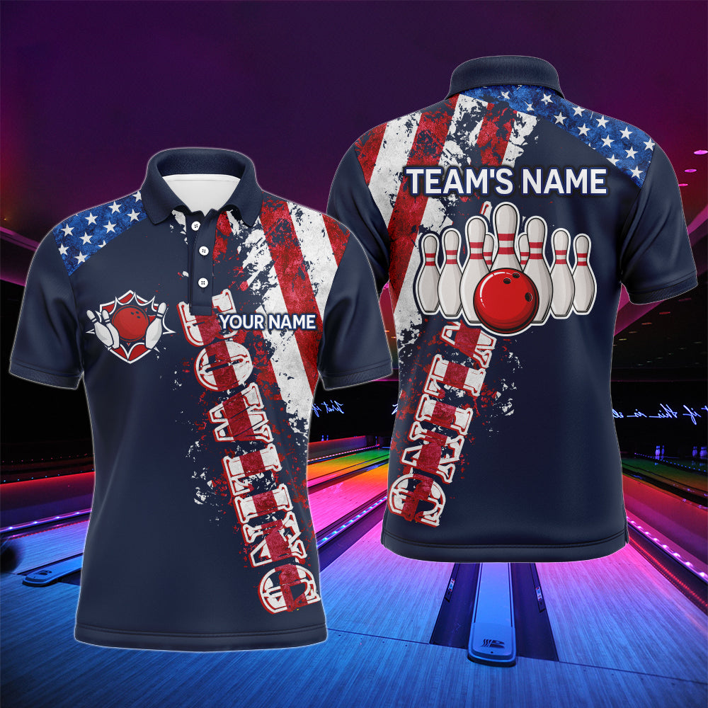 Patriotic Men s Polo Bowling Shirt Custom Name Men Bowlers Jersey Short Sleeve American Flag NBP95