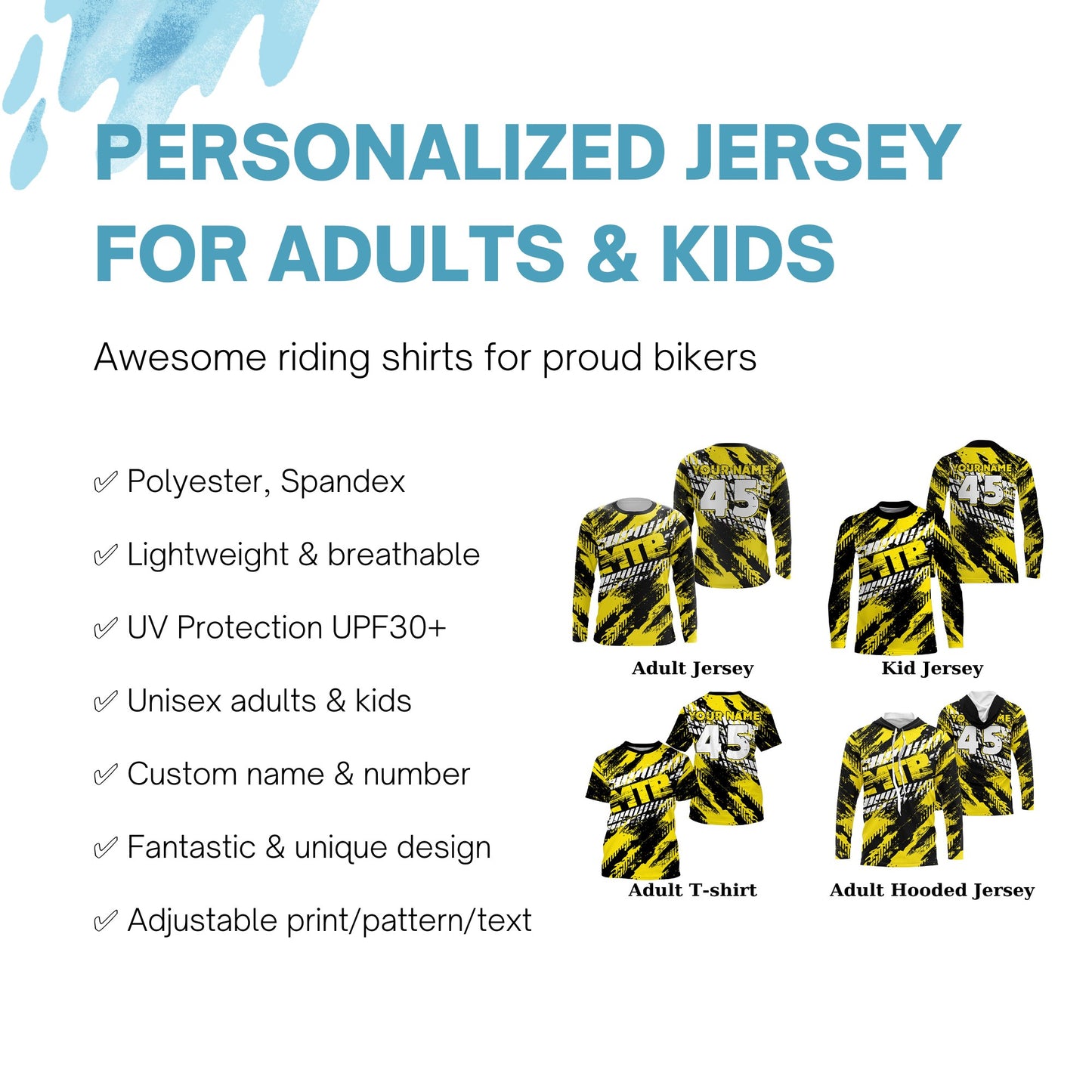 Yellow adult kid MTB jersey UPF30+ mountain biking shirt Custom extreme cycling bicycle gear| SLC50