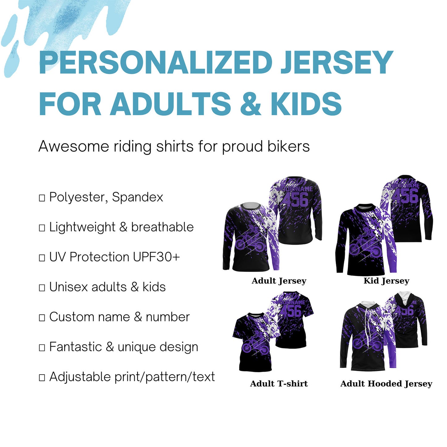 Personalized dirt bike jersey adult&kid UPF30+ Motocross biker girl MX racing off-road - Purple| NMS911