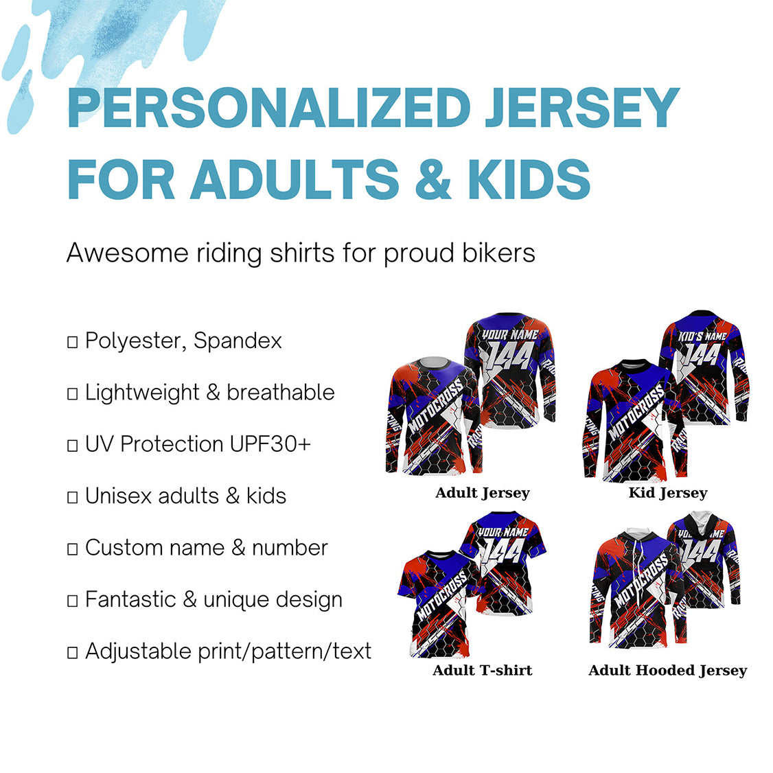 Custom Motocross racing jersey UPF30+ kid mens womens dirt bike off-road motorcycle MX racewear NMS952