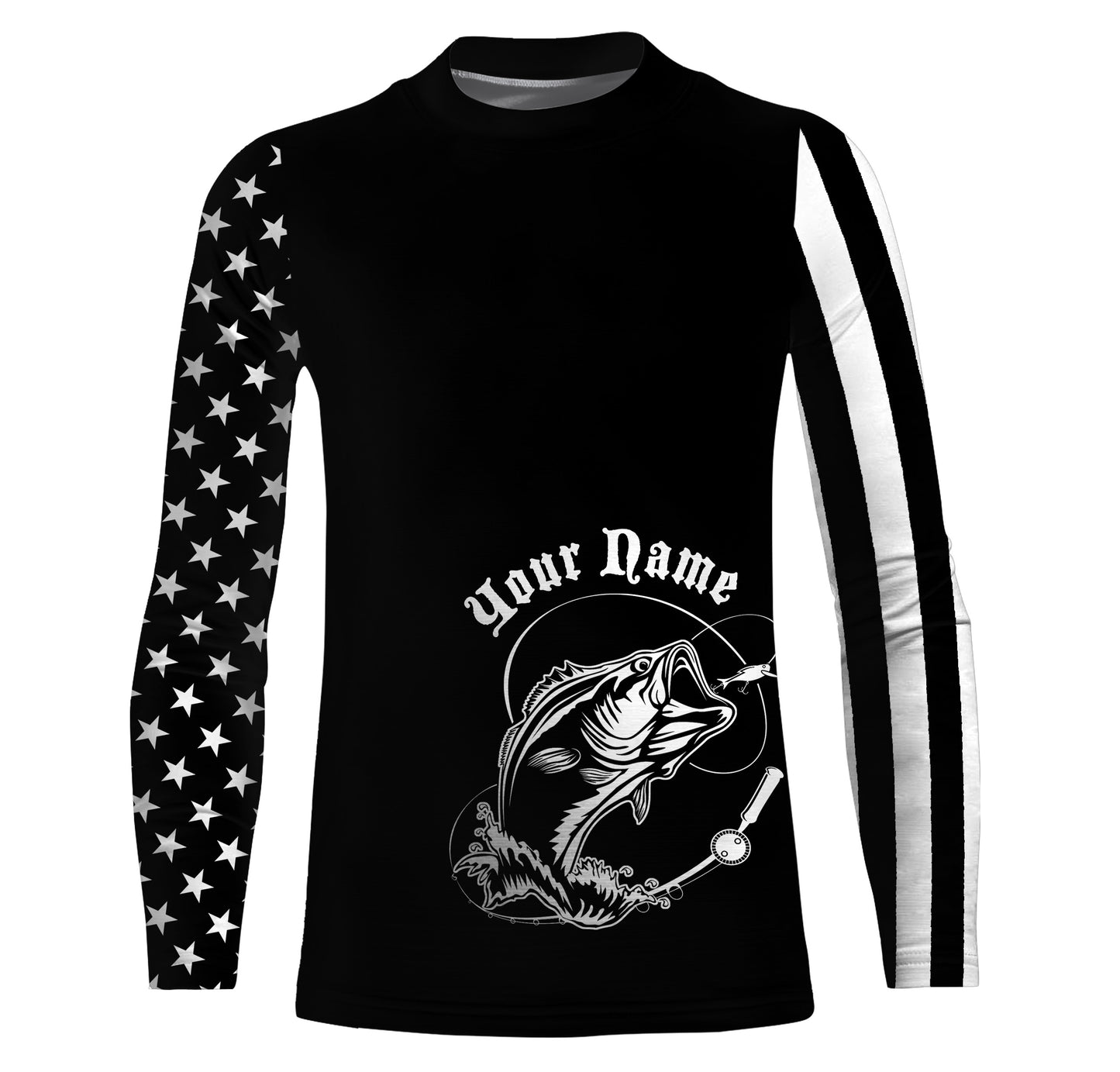 Custom Name Bass Fishing US Flag Performance Fishing Shirt, Bass Fishing Jerseys
