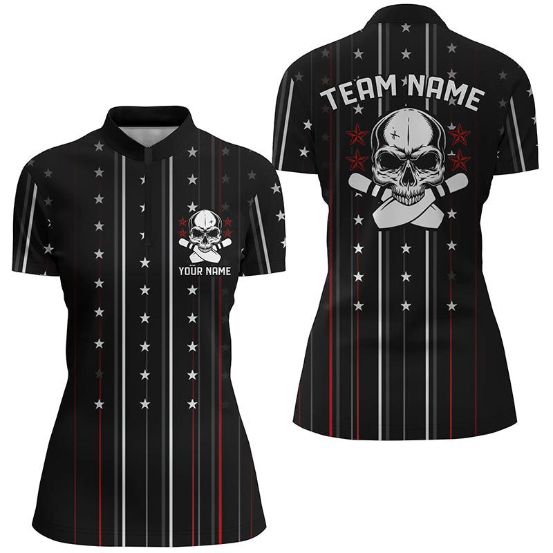 Skull Bowling Quarter Zip Shirts For Women, Bowling Pin Custom Team'S Name Bowler Jerseys IPHW5250